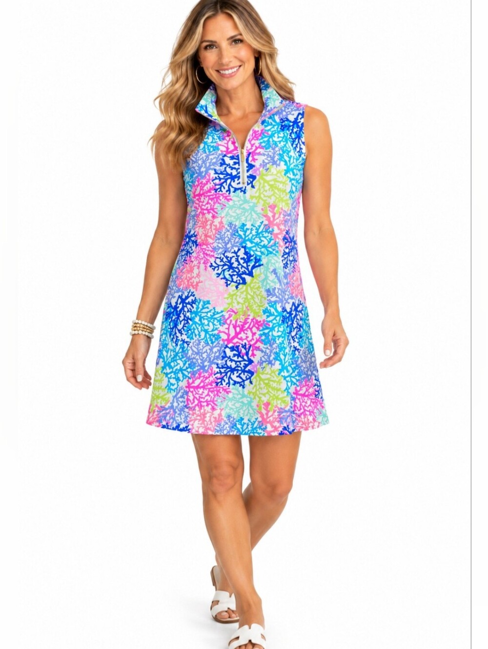 Lulu B Dress Womens M Coral Print SPF 50 Sleeveless 1/4 Zip Resort Golf Vacation